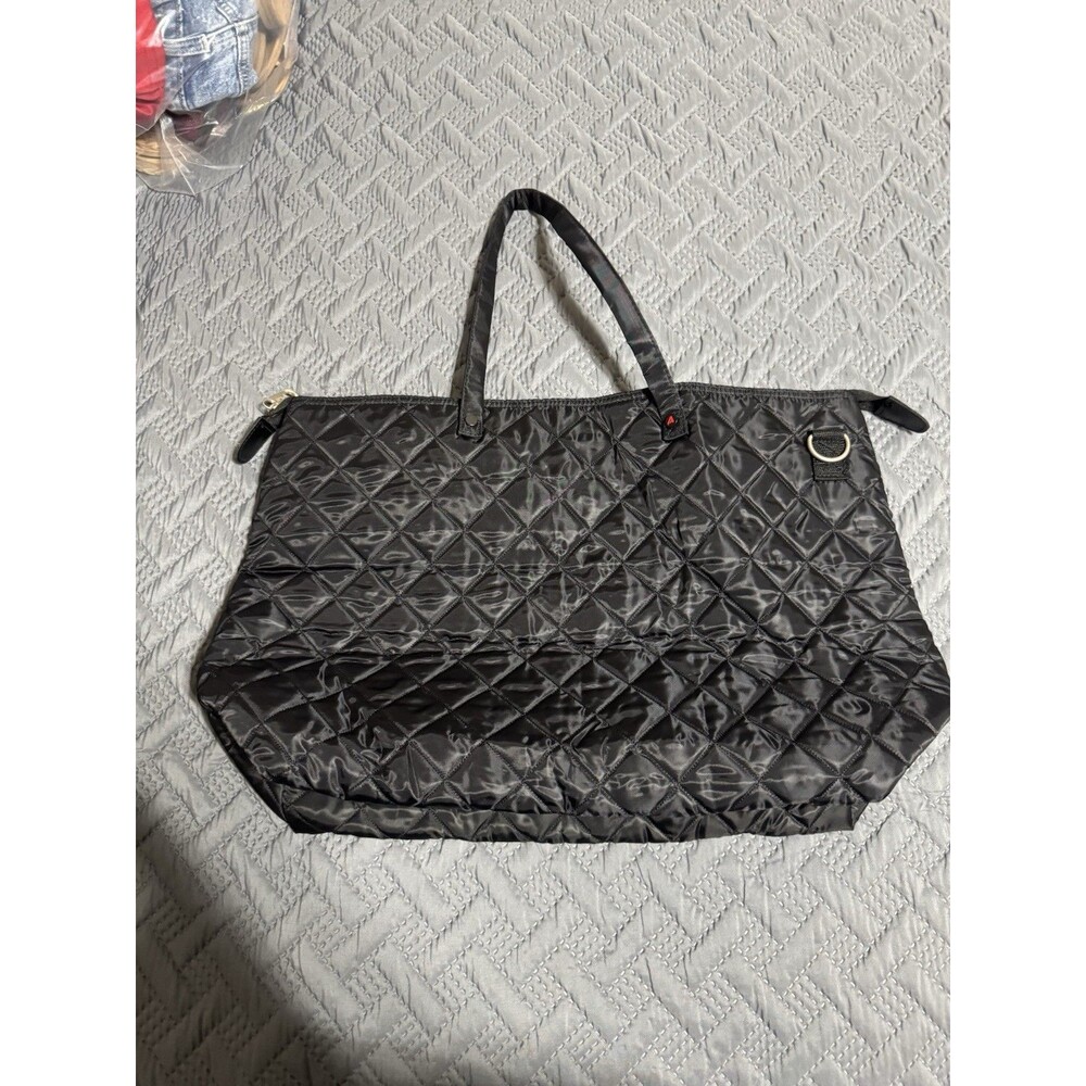 Athalon Black Quilted Tote Bag Large Zip Top Silver Hardware Inner Pockets